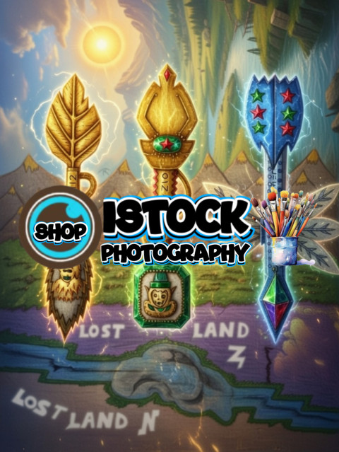 Golden Magical Artifacts on Mystical Lost Land Fantasy Map "