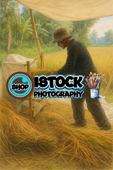 The old farmer is threshing rice with traditional tools.Pencil colour