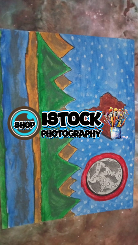 Surreal Fantasy Landscape:  Red Map Shape and Cratered Moon in Cosmic Sky"