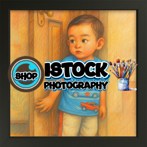 Painting of a small child behind the door.Pencil colour