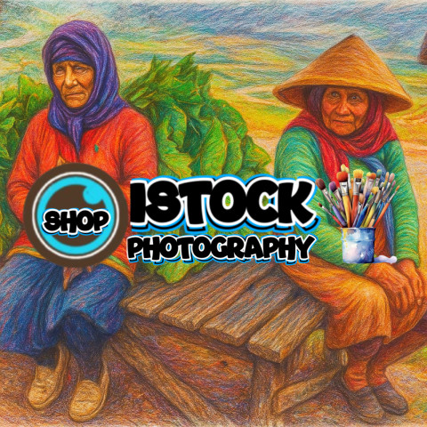 Two old women farmers.Pencils colour